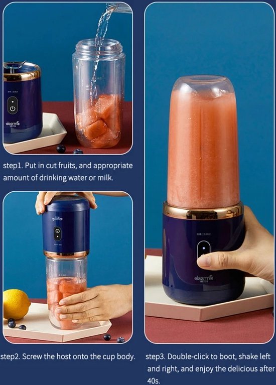 Draagbare Blender - Mixer - Inclusief Drinkfles - Milkshake Machine - Elektrische Slowjuicer - Draagbare Blender To Go - Milkshake Maker - Fruit Mixer - Oplaadbaar - 400ml - Roze van Merkloos — afbeelding 3