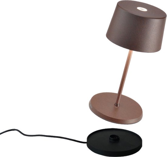 Zafferano Olivia Mini Tafellamp - Oplaadbare Buitenlamp Roest Bruin - Spatwaterdicht (IP65) - Bureaulamp Snoerloos - Dimbare LED Lamp - Draadloos Oplaadstation - Terraslamp - USB Oplaadbaar - 22 cm x Ø11 cm