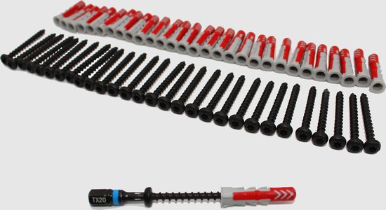 Pluggen en Schroeven set 6mm | 30 stuks fischer® 6x30mm DuoPower pluggen + 30 stuks matzwarte Flowter® 4x40mm schroeven | Muurpluggen 6 mm en schroeven 4mm | Pluggen en schroeven assortiment