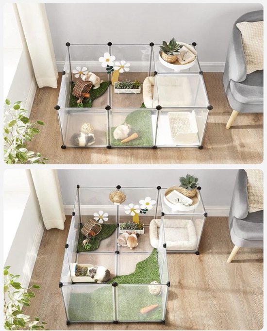 Twee opstellingen van een transparante ren met knaagdieren, kunstgras, bloemen en een mandje.