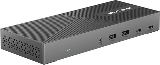 Een gestileerde, zwarte Wavlink docking station met een geribbeld oppervlak en verschillende poorten, op een witte achtergrond.