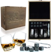 whisky lux Deluxe Rocking Whisky Glasses & Whiskey Stones Wooden Gift Box Set by FLOW Barware - Novelty Old Fashioned Rocking Glass Tumblers for Scotch, Bourbon Gin & Tonic & Cocktails