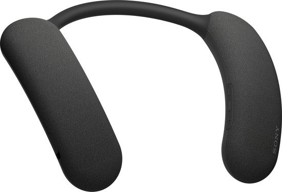Zwarte nekband speaker met stoffen bekleding. Knopjes zichtbaar op de zijkant.