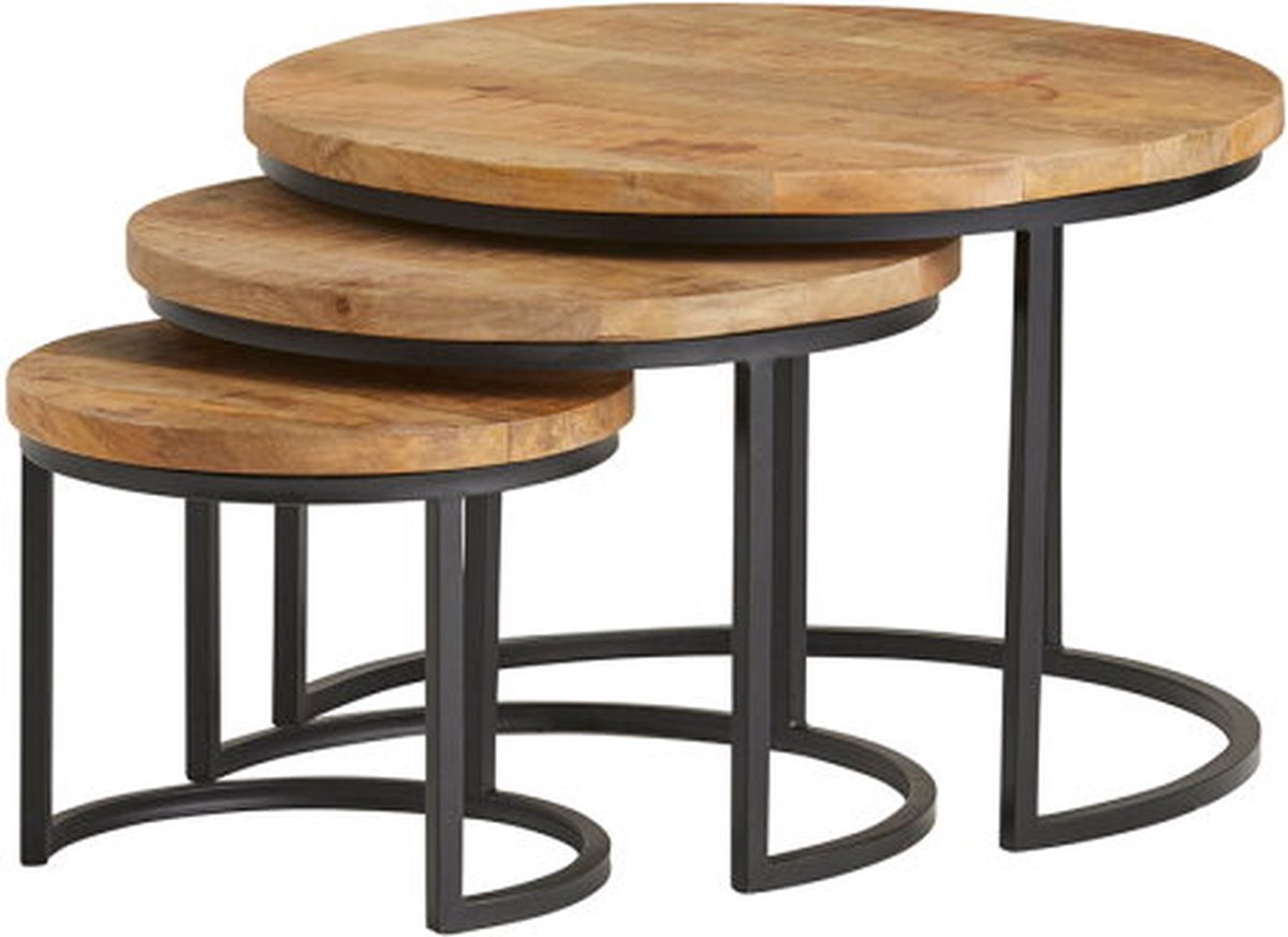 Salontafel Enzo set van 3 rond mangohout - Naturel