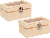 Glorex hobby kistje met sluiting en glazen deksel - 2x - hout - 15 x 10 x 8 cm - Sieraden/spulletjes/sleutels - Opberg kistjes