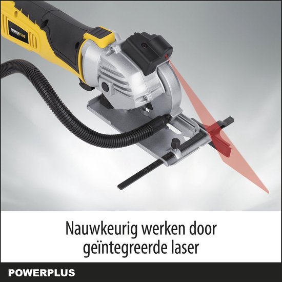 Gele mini-invalzaag met ingebouwde laser voor nauwkeurig werken.