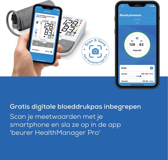 Beurer BM 53 bloeddrukmeter met manchet en smartphone die de 'Beurer HealthManager Pro'-app toont met bloeddrukgegevens.