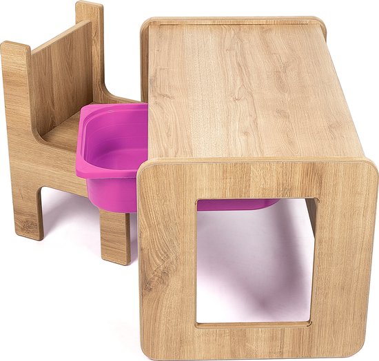 Industrial Living Speeltafel met lila kleur lade - Kindertafel - Tekentafel - Speeltafel met kinderstoel - Kinderbureau - Hout - Walnoot