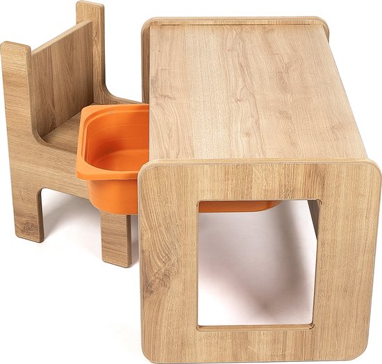 Industrial Living kindertafel met oranje lade - Speeltafel - Activiteitentafel - Tekentafel - Kinderbureau met stoel - Walnoot