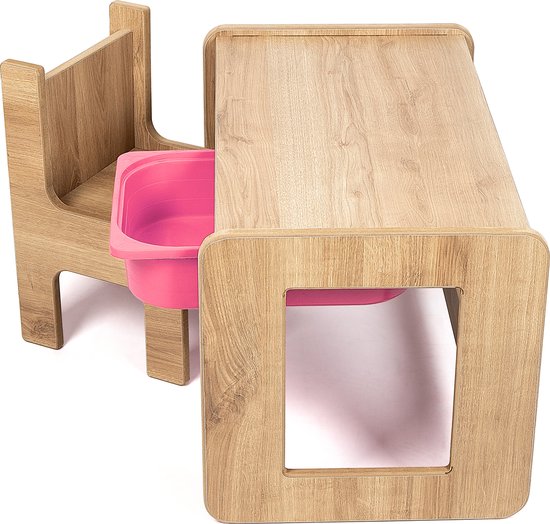 Industrial Living kindertafel met roze lade - Speeltafel - Tekentafel - Kinderbureau met kinderstoel - Activiteitentafel - Walnoot - Hout