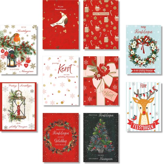 Een verzameling kerstkaarten met rendieren, vogels, kerstbomen, kransen en een lantaarn.