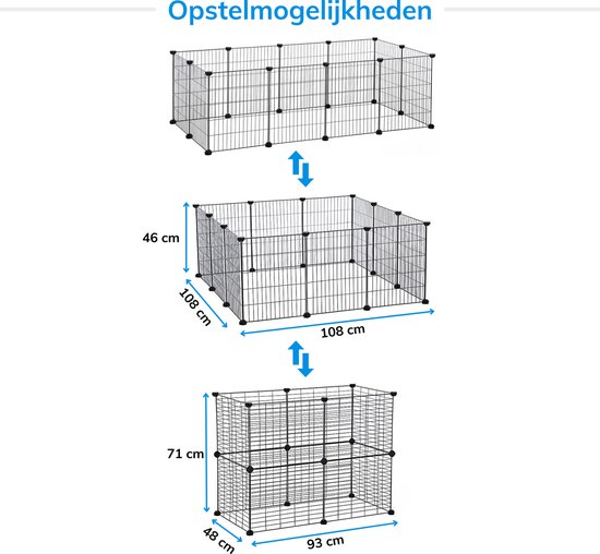 Drie opstellingen van een zwarte metalen dierenren, met afmetingen aangegeven in centimeters.