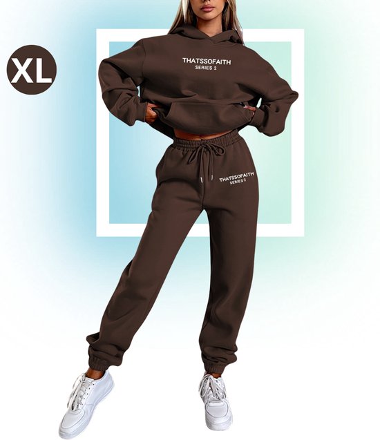 Livano Joggingpak Dames - Huispak - Trainingspak - Volwassenen - Capuchon - Jogging Pak - Joggingspak - Koffie - Maat XL