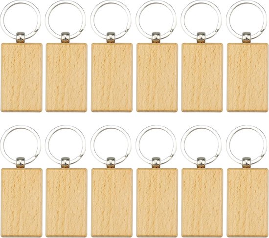 YapitHome 12st blanco houten sleutelhanger, rechthoekige houten sleutelhanger, voor doe-het-zelf, sleutelhanger voor handwerk, cadeausleutelhanger, houten, blanco, houtkleur