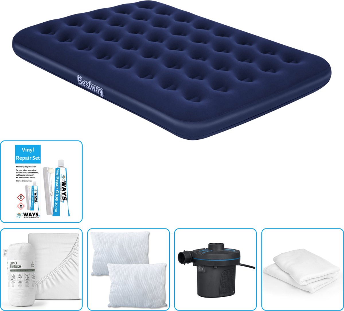 Bestway luchtbed - Twijfelaar - 137 x 191 x 22 cm - Blauw - Inclusief Hoeslaken - Kussen - Kussenbeschermer - Pomp en Reparatieset