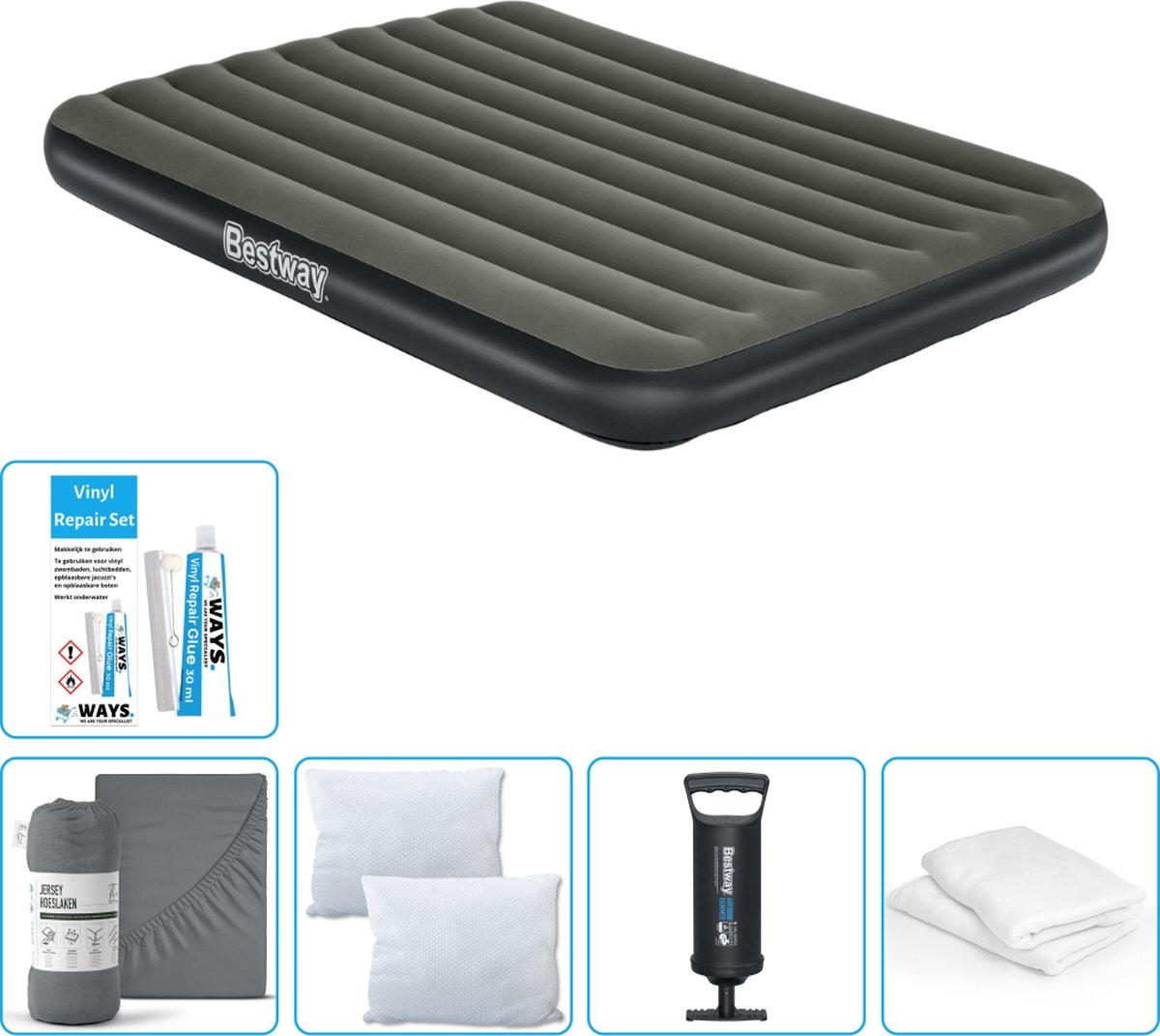 Bestway luchtbed - 2-Persoons - 152 x 203 x 25 cm - Groen - Inclusief Hoeslaken - Kussen - Kussenbeschermer - Pomp en Reparatieset