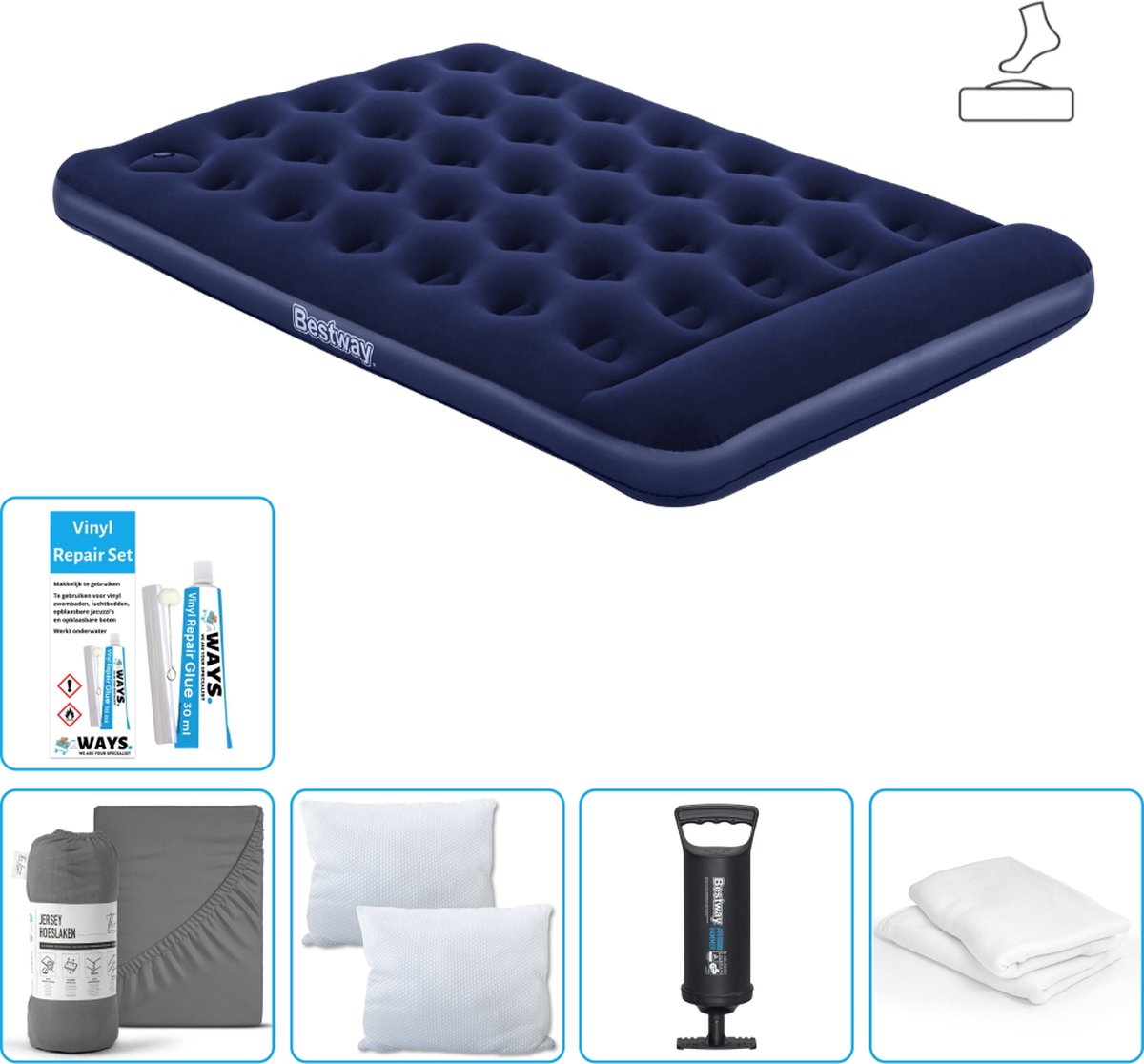 Bestway luchtbed - Twijfelaar - 137 x 191 x 28 cm - Blauw - Inclusief pomp - Hoeslaken - Kussen - Kussenbeschermer - Pomp en Reparatieset