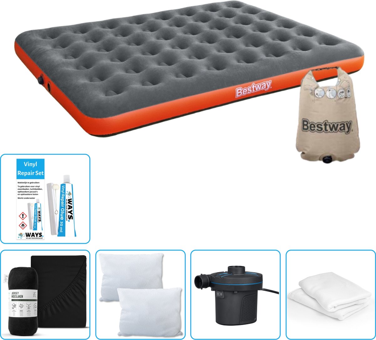 Bestway luchtbed - 2-Persoons - 152 x 203 x 22 cm - Grijs/Oranje - Inclusief Hoeslaken - Kussen - Kussenbeschermer - Pomp en Reparatieset