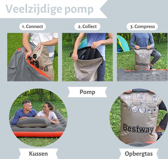 Bestway luchtbed - 2-Persoons - 152 x 203 x 22 cm - Grijs/Oranje - Inclusief Pomp en Reparatieset van Bestway — afbeelding 4