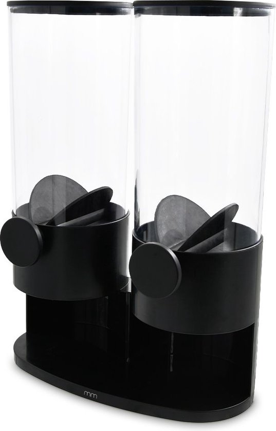 Zwarte dubbele cereal dispenser met lege transparante cilinders en zwarte kleppen.