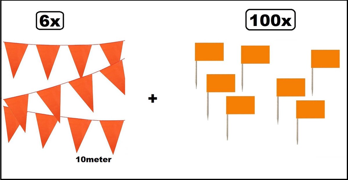 6x Vlaggenlijn Oranje 10 meter + 100x cocktailprikker Oranje - Thema feest Koningsdag WK Voetbal festival oranje evenement verjaardag