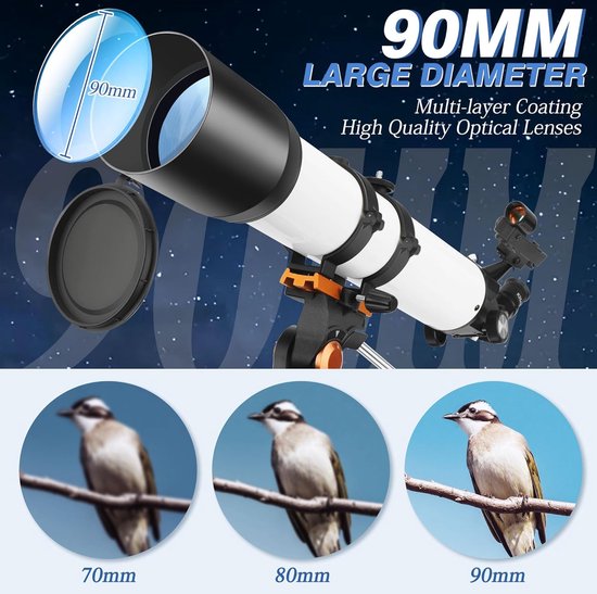 Dianfan Telescoop, 90/550 telescopische astronomie voor volwassenen en kinderen, draagbare telescoop voor beginners met AZ-montage, statief, telefoonadapter, draagtas en klapkruk