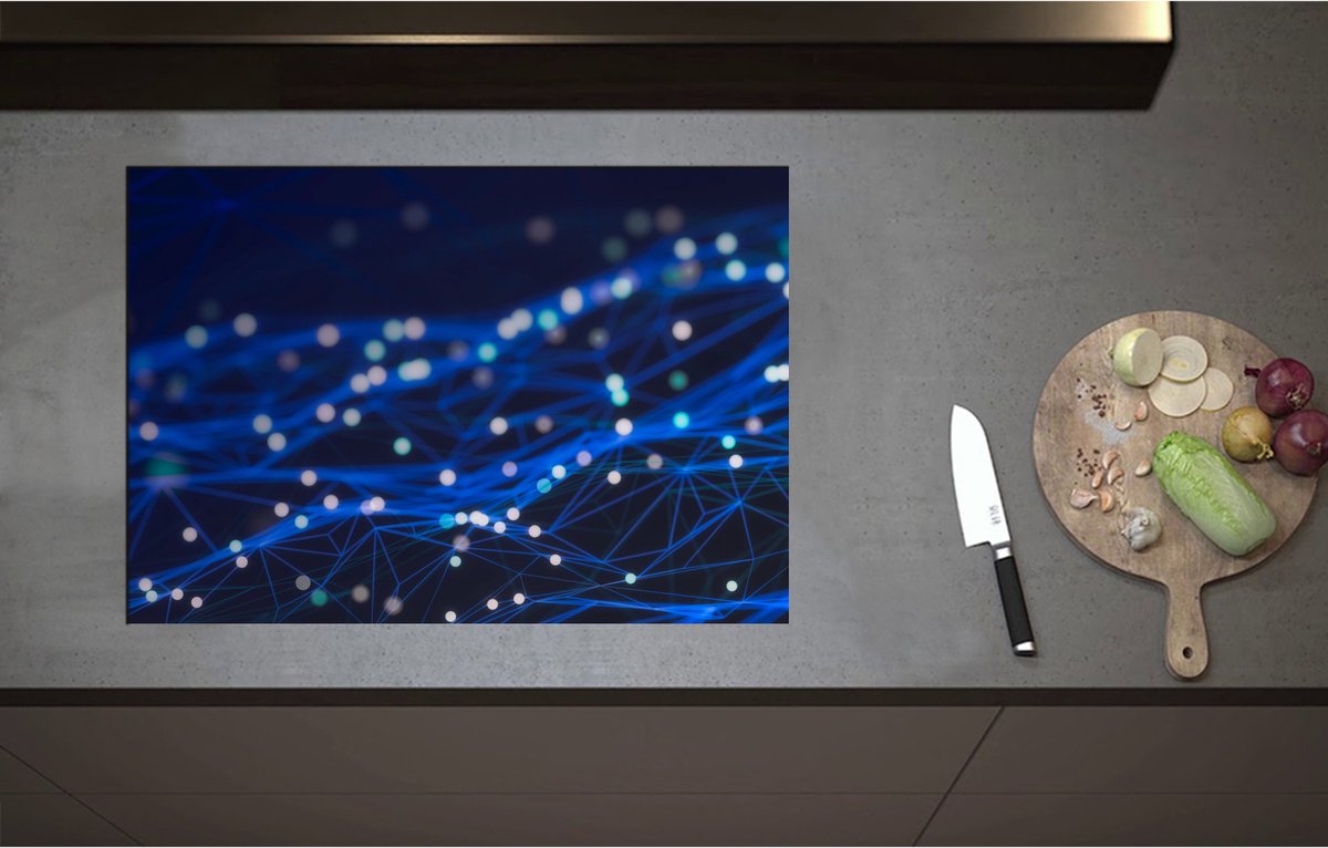 Inductieplaat Beschermer - Blauwe Neonlijnen met Stippen - 75x52 cm - 2 mm Dik - Inductie Beschermer - Bescherming Inductiekookplaat - Kookplaat Beschermer van Wit Vinyl