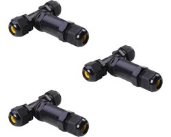 Waterdichte connector kabelverbinder voor 3 kabels - Voordeelset van 3 stuks - T-stuk - IP68 - 3-aderige aansluiting aan alle kanten - Zwart