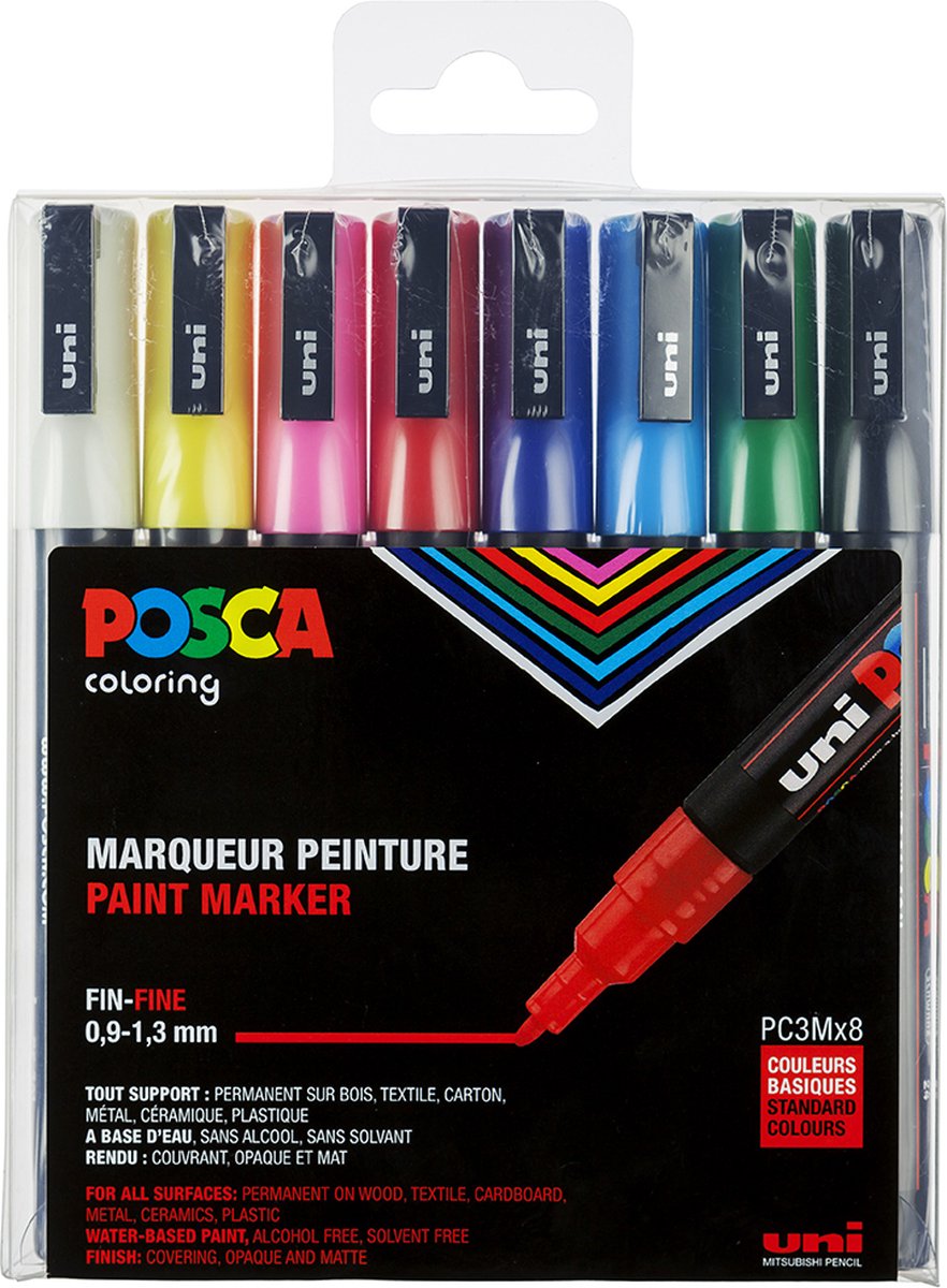 Uni Posca Stiften Standard Colors - 8 stiften - PC3M 0.9-1.3 mm lijn - Posca