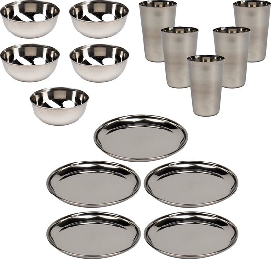 alpina Campingserviesset voor 4 personen, plastic servies, plastic bekers, borden en kommen, 12 stuks serviesset, vaatwasmachinebestendig
