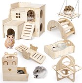Pak van 7 houten hamsterspeelgoed, hamsterverstophuis, doe-het-hamsterspeelgoed, brug, schommel, trainingsspeelgoed voor chinchilla's, gerbils, konijnen