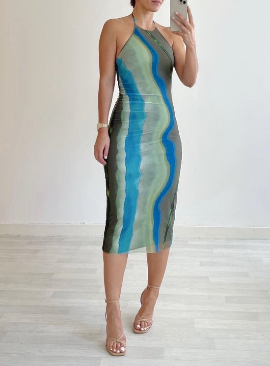 Marmer halter jurk - Groen/blauw - Lange marble jurk voor vrouwen - Met stretch - Marmeren print - Spaghetti bandjes - One-size - Een maat