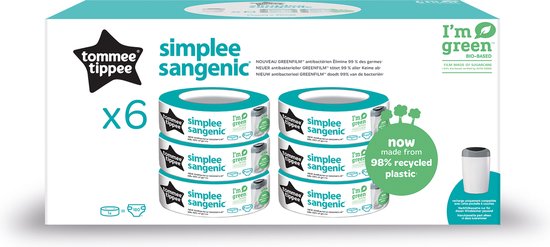 Tommee Tippee Simplee Sangenic-navullingen voor luieremmers, duurzaam geproduceerde antibacteriële GREENFILM, verpakking van 6 stuks - Tommee Tippee