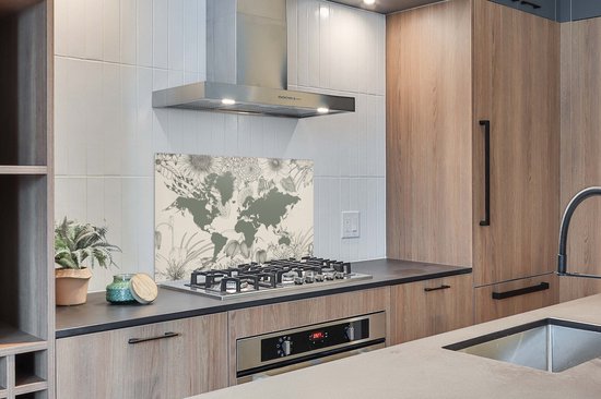Spatscherm keuken 100x65 cm - Kookplaat achterwand Wereldkaart - Grijs - Bloemen - Muurbeschermer - Spatwand fornuis - Hoogwaardig aluminium