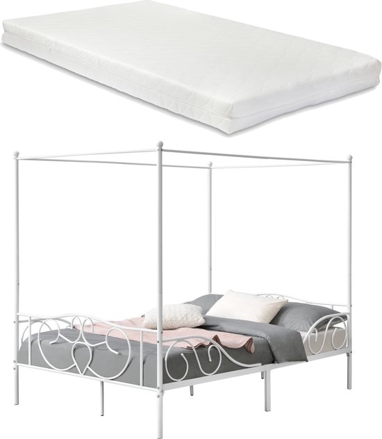 In And OutdoorMatch Metalen hemelbed Reyna - met bedbodem en matras - 140x200 cm - wit - stabiel frame - minimalistisch design