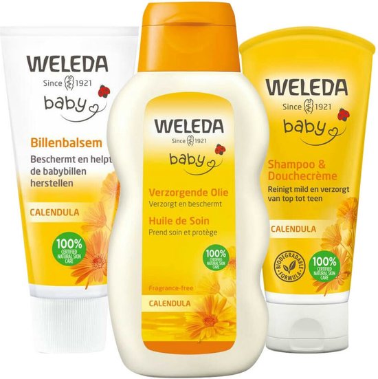 Weleda Baby Musthave - Calendula Verzorgende Olie 1 x 200 ml, Billenbalsem 1 x 75 ml & Babyshampoo & Douchecrème 1 x 200 ml - Pakket