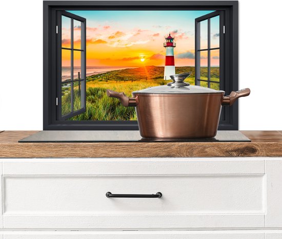 Spatscherm keuken 60x40 cm - Kookplaat achterwand Doorkijk - Vuurtoren - Landschap - Natuur - Landelijk - Raam - Muurbeschermer - Spatwand fornuis - Hoogwaardig aluminium