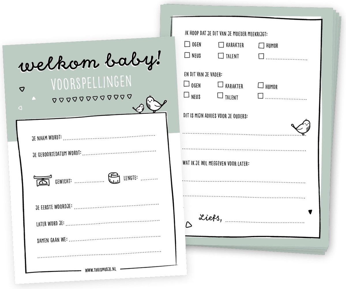 Babyshower invulkaarten - 20 stuks - Groen - Jongen en meisje - Thuismusje
