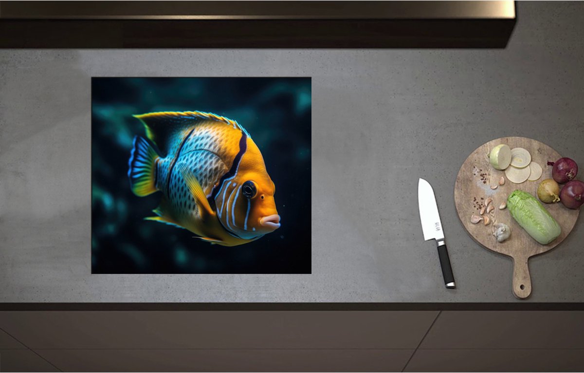 Inductieplaat Beschermer - Blauw- Gele Vis Zwemmend door de Donkere Zee - 57x51 cm - 2 mm Dik - Inductie Beschermer - Bescherming Inductiekookplaat - Kookplaat Beschermer van Wit Vinyl