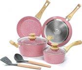 Roze pannenset 8-delige pot- en braadpannenset Pan met coating voor inductie PFOA-vrije koekenpannenset met deksel Geschikt voor alle kookplaten Anti-kromtrekkende bodem