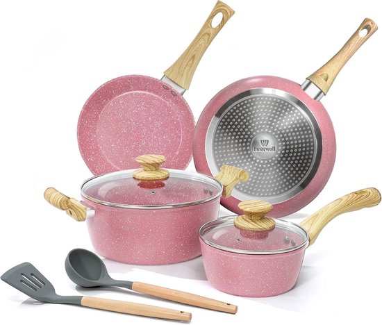 Roze pannenset 8-delige pot- en braadpannenset Pan met coating voor inductie PFOA-vrije koekenpannenset met deksel Geschikt voor alle kookplaten Anti-kromtrekkende bodem