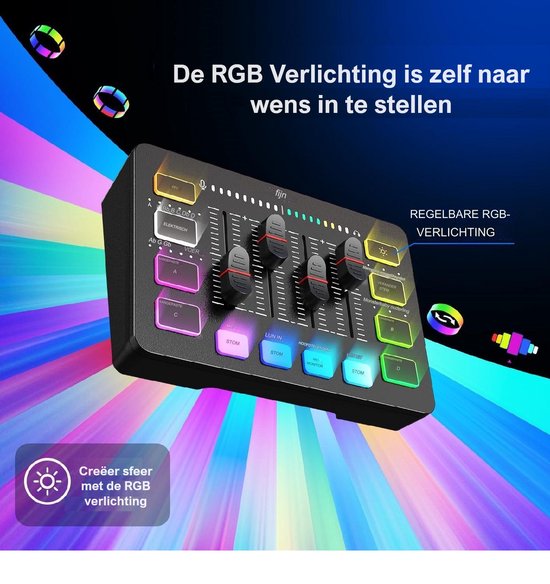 Fifine SC-3 mixer met regelbare RGB-verlichting voor een sfeervolle setup.