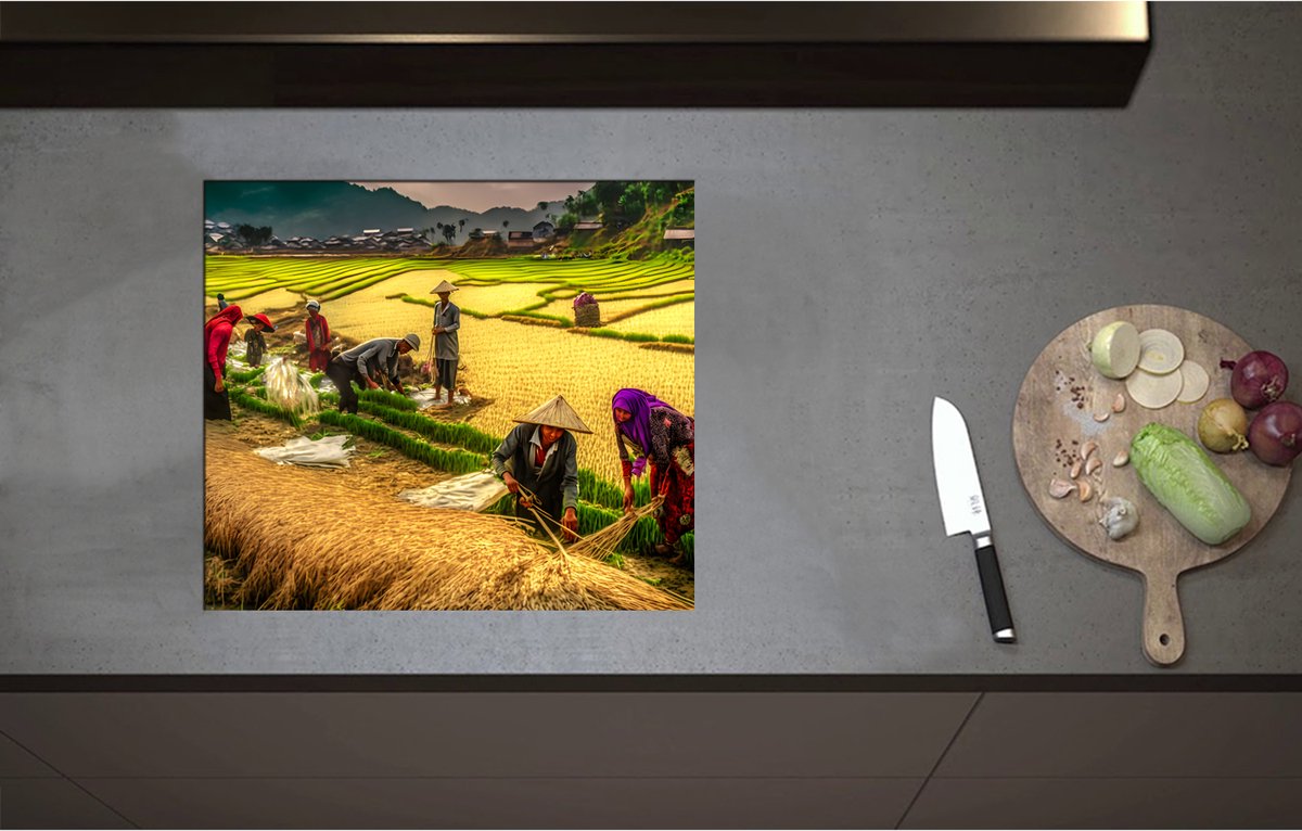 Inductieplaat Beschermer - Aziatische Mensen aan het Werk in het Landschap - 57x50 cm - 2 mm Dik - Inductie Beschermer - Bescherming Inductiekookplaat - Kookplaat Beschermer van Wit Vinyl