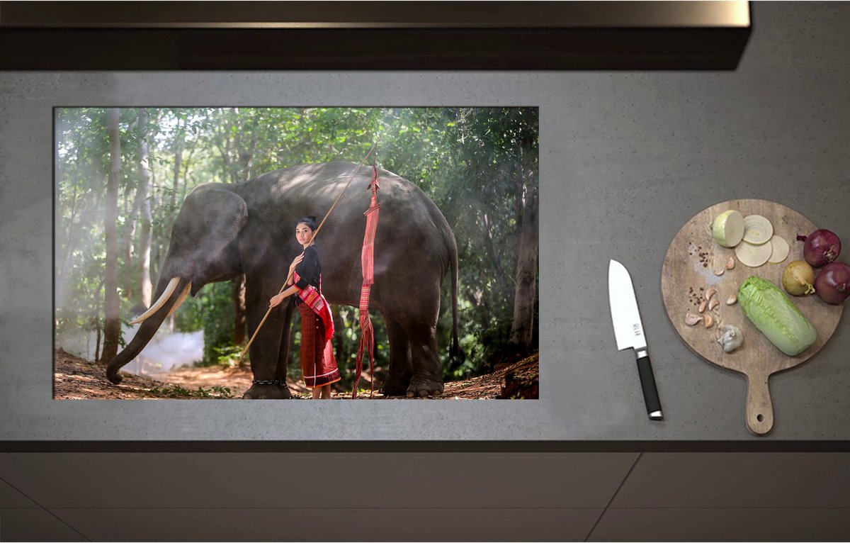 Inductieplaat Beschermer - Aziatische Vrouw bij Olifant in het Bos - 85x52 cm - 2 mm Dik - Inductie Beschermer - Bescherming Inductiekookplaat - Kookplaat Beschermer van Wit Vinyl