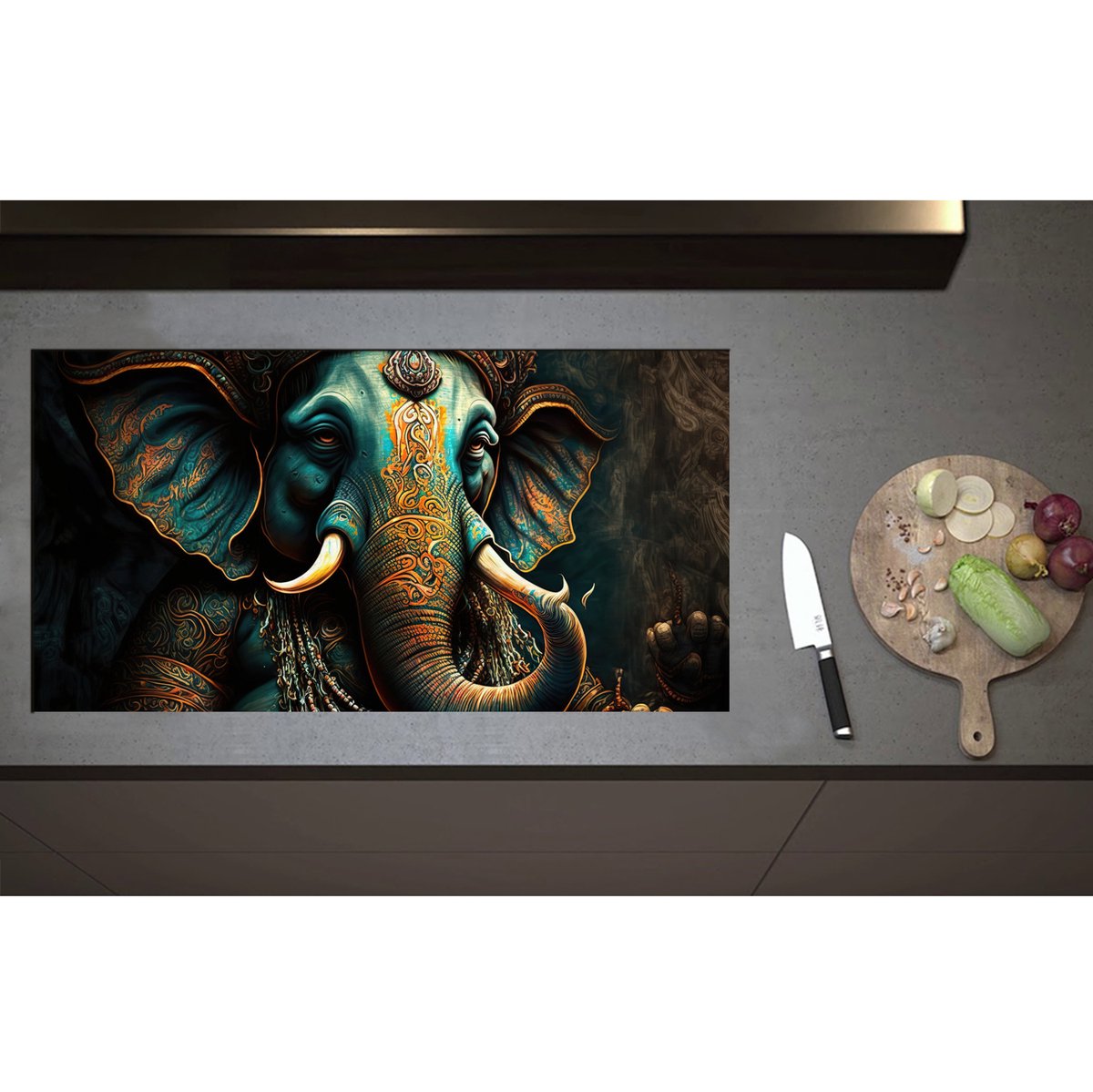 Inductieplaat Beschermer - Blauw Ganesha Beeld met Gouden Details - 95x50 cm - 2 mm Dik - Inductie Beschermer - Bescherming Inductiekookplaat - Kookplaat Beschermer van Wit Vinyl
