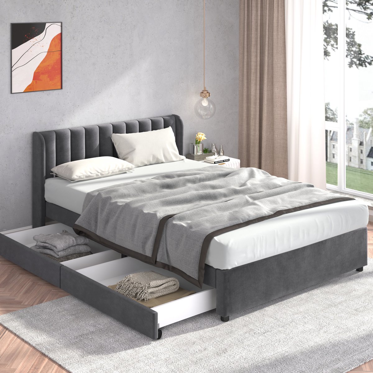 Sweiko Gestoffeerd bed 140 x 200 cm Fluweel Met roosterframe rugleuning 2-laden, grijs