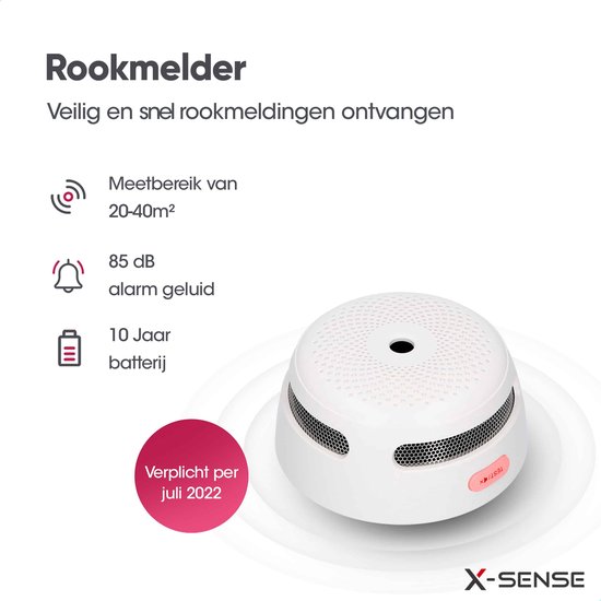 Witte rookmelder met een perforatiepatroon voor geluid. Met tekst: Meetbereik 20-40m², 85 dB alarm geluid, 10 Jaar batterij.