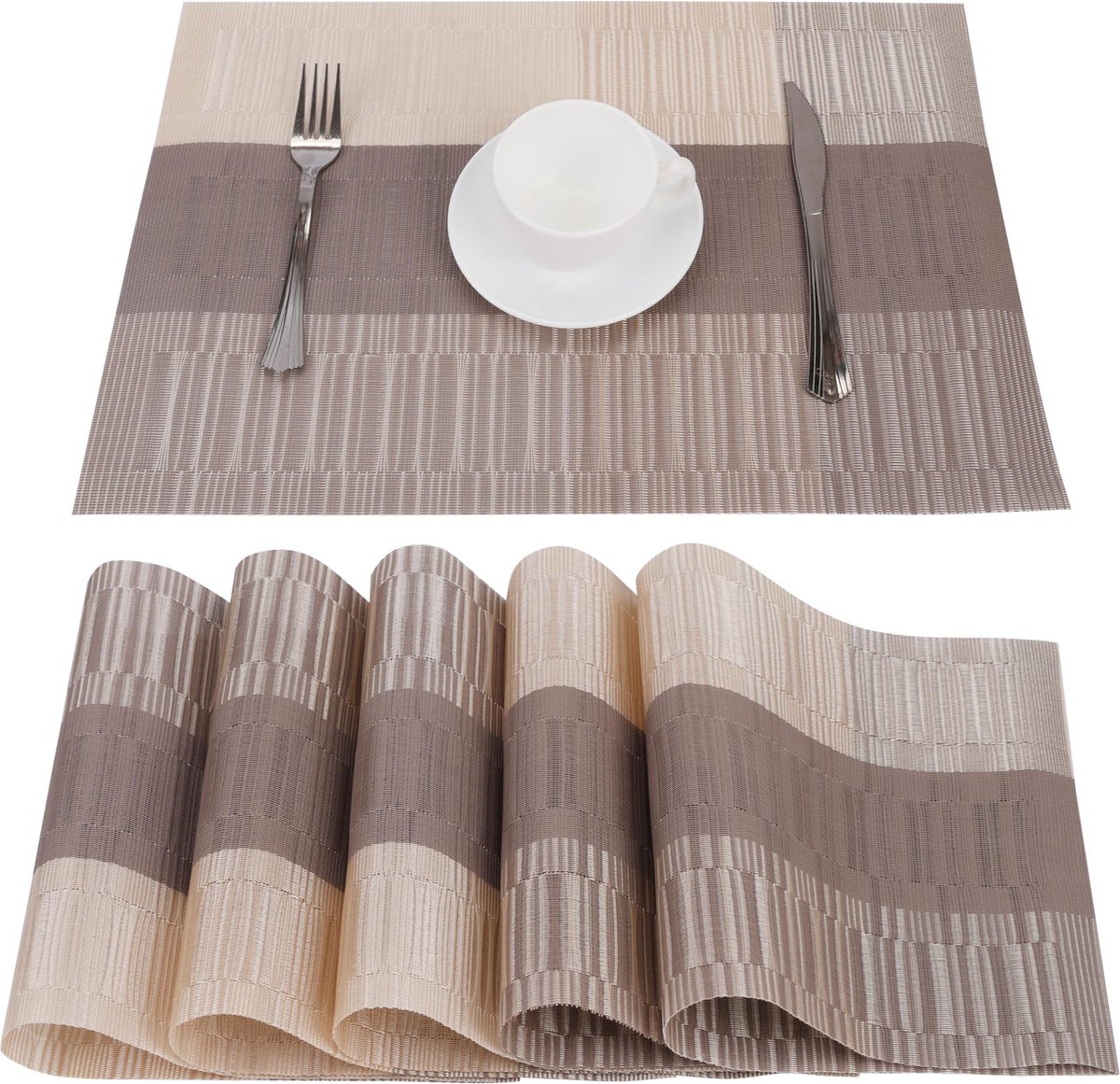 BELLE VOUS 6 Pak Kaki & Bruine Placemats PVC Non-slip Scheurbestendige & Wasbare Place Mats Makkelijk Schoon te Maken Hitte- en Waterbestendige Tafelmatten voor Keuken Dinertafel & Restaurant