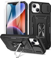 Nuvex Hoesje geschikt voor iPhone 14 Zwart Telefoonhoesje - Anti-Shock Case Cover Hybrid Armor Hoes met Kickstand Ring met Screenprotector