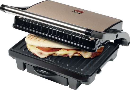 Bestron Contactgrill voor 2 Personen, Paninimaker met Vetopvangbak & antiaanbaklaag, 1000 Watt, kleur: Lichtbeige